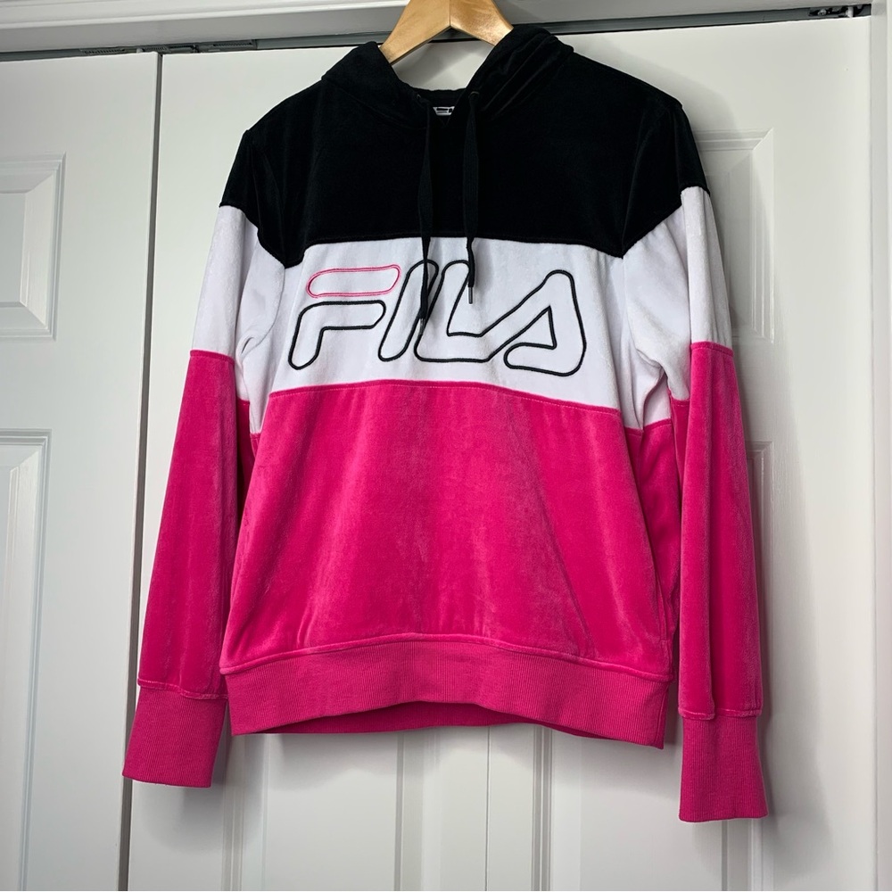 Fila Tri-Color Hoodie Black White Pink Kangaroo pocket Women’s Size US L